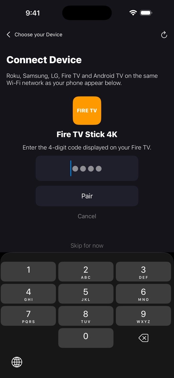 Entering the 4-digit code shown on a Fire TV