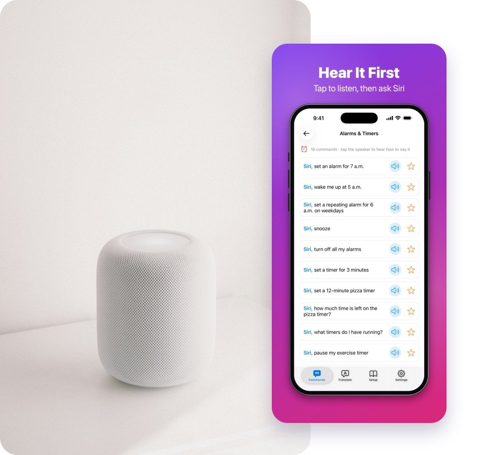 A smart speaker next to the Voice Commands for Siri app